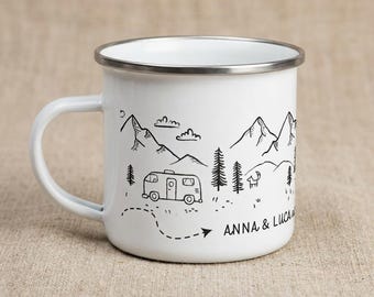 Tazza smaltata personalizzata per camper, tazza da campeggio con nome personalizzato, regalo per amanti del camper e della vita in furgone.