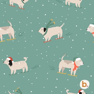 May include: A repeating pattern on a sage green background featuring light-colored dogs wearing winter accessories like scarves and hats while skiing on small skis. White dots represent falling snow throughout the design, with a small logo in the corner.