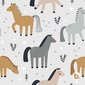 May include: A repeating pattern on a light grey background featuring stylised horses in shades of tan, light grey, and dark grey. The design includes small white stars, dark grey sprigs, and tiny grey flower shapes scattered between the horses.