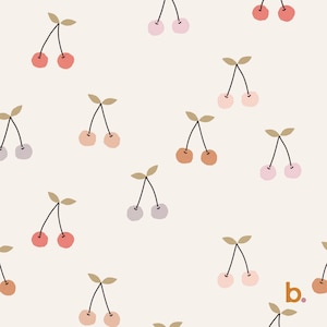 Puede incluir: Un patrón repetitivo sobre un fondo crema claro que presenta pares de cerezas en varios colores apagados, incluyendo rosa, coral, melocotón y lavanda. Cada par de cerezas tiene dos tallos negros finos y dos pequeñas hojas marrón claro.
