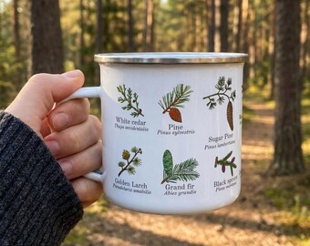 Conifer Species Enamel Mug, Botanical Tree Identification Cup, Forester Gift