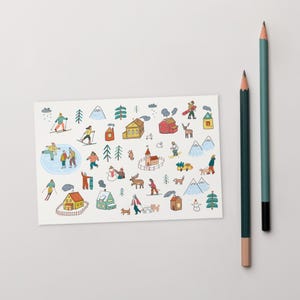 Winter Village Postcard | Cozy Scandinavian Holiday Scene | Ice Skating & Snow Fun | Christmas Card | Snowy Folk Art Illustration