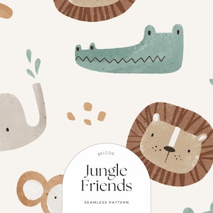 Safari Baby Animal Seamless Pattern – Hand-Painted Jungle Friends Clipart, Earthy Kids Digital Paper for Fabric, Nursery Decor & Crafts