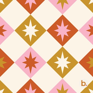 May include: A repeating geometric pattern featuring a diamond grid in cream, with alternating diamonds filled with eight-pointed stars in shades of mustard yellow, burnt orange, and light pink. A small lowercase letter b with a dot appears in the corner.