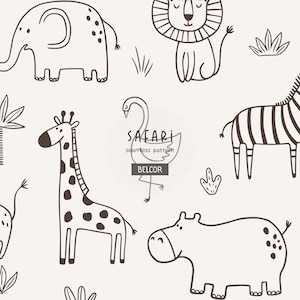 May include: A seamless pattern featuring line art illustrations of safari animals, including a giraffe, lion, zebra, elephant, and hippo. The design is in black and white, with the word "SAFARI" and the brand name "BELCOR" in the center.