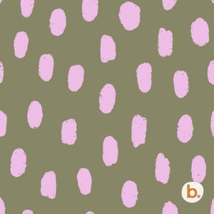 May include: An olive green background is covered with a pattern of irregular, light pink ovals. The ovals are evenly spaced and have a slightly textured appearance. The design is simple and modern, suitable for various applications.