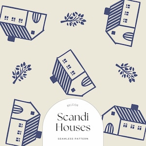 Whimsical Blue House Seamless Pattern – Hand-Drawn Village Design for Fabric, Wrapping Paper & Digital Use