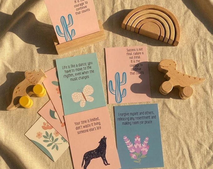 Affirmation Cards with Wooden Stand, 48 Messages for Desk Decor