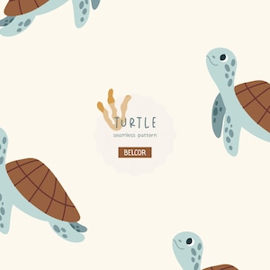 May include: A seamless pattern featuring cartoon sea turtles in shades of blue and brown, with a cream-colored background. The turtles are depicted with a smiling expression. The text "TURTLE seamless pattern BELCOR" is also present.