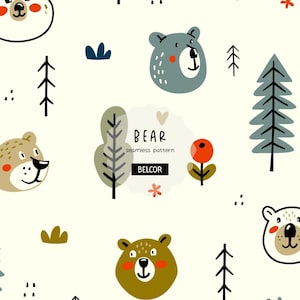 Tela con estampado sin costuras de osos del bosque para habitación infantil (descarga digital)