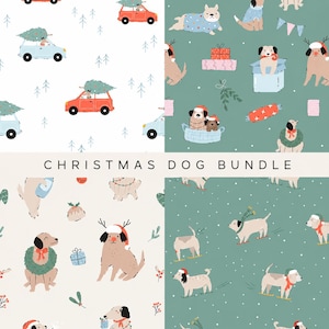 May include: A digital pattern bundle titled CHRISTMAS DOG BUNDLE featuring four distinct designs. The patterns display illustrated dogs in holiday attire, cars carrying Christmas trees, gift boxes, wreaths, and festive greenery on solid backgrounds.