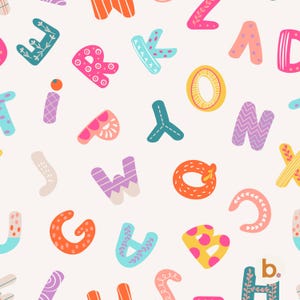 May include: A repeating pattern of colorful, stylized alphabet letters scattered across a light cream background. The letters feature various decorative textures, including dots, stripes, and floral motifs in shades of pink, orange, yellow, teal, and purple.