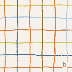 Pode incluir: Um padrão de grade repetitivo em um fundo creme com linhas desenhadas à mão em laranja, azul escuro, verde oliva e azul claro. As linhas têm uma aparência texturizada semelhante a giz de cera. Uma pequena letra b minúscula com um ponto está no canto.