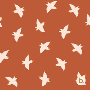 May include: A repeating pattern of off-white birds with small orange beaks set against a solid terracotta background. Each bird is depicted in a stylized, simplified form with wings spread in flight. A small white circular logo with a letter b is present.