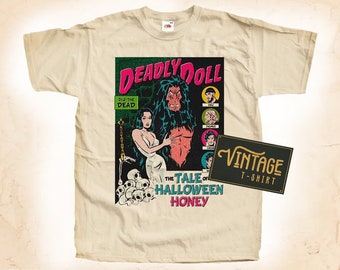 Deadly Doll The Tale of a Halloween Honey TShirt Vintage Natural color Men's TShirt DTG Digital Print SIZES S M L XL 2XL 3XL 4XL 5XL