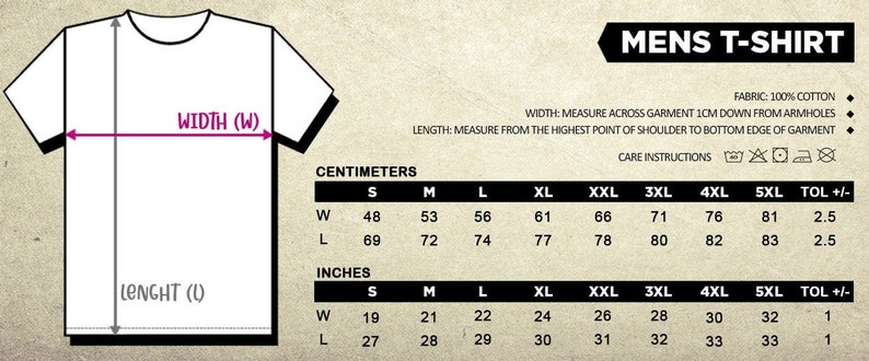 May include: White t-shirt with size chart in inches and centimeters. The chart details width and length measurements for sizes S to 5XL. The text "MENS T-SHIRT" is at the top. Fabric is 100% cotton.