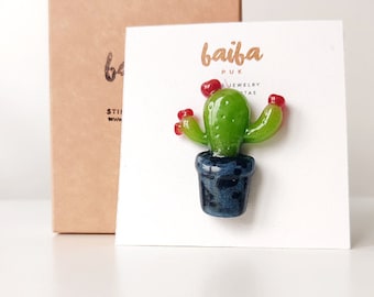 Cactus Shaped Pin Brooche Green Red Navy Blue Glass Succulent Plants leaf lover Accessory