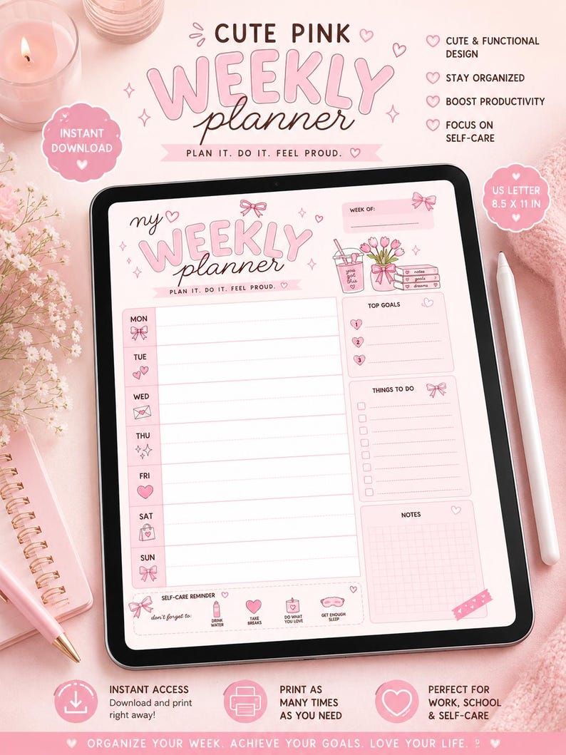 Cute Pink Weekly Planner Printable | Coquette Aesthetic Planner PDF ...