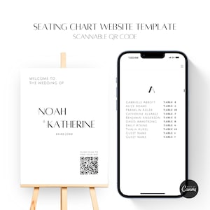 Digital Seating Chart Plan Canva Website Template QR Code Scannable Scan To Find Your Seat Alphabetical Guests List Wedding Welcome Signage