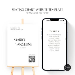 Digital Seating Chart Plan Canva Website Template QR Code Scannable Scan To Find Your Seat Table Seating List Wedding Welcome Signage