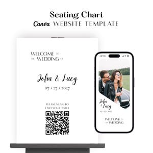 以下が含まれることがあります： 「WELCOME TO THE WEDDING OF John & Lucy 07 27 2027」というテキストとQRコードが記載された白い結婚式の座席表サイン。カップルの写真が入った一致するデジタルウェブサイトテンプレートを表示するスマートフォンが横に並んでいます。