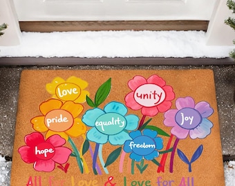 All For Love Doormat, Inclusive Pride Flower Welcome Mat, Rainbow Equality Porch Decor, LGBTQ Support Entry Rug, Colorful Unity Home Decor