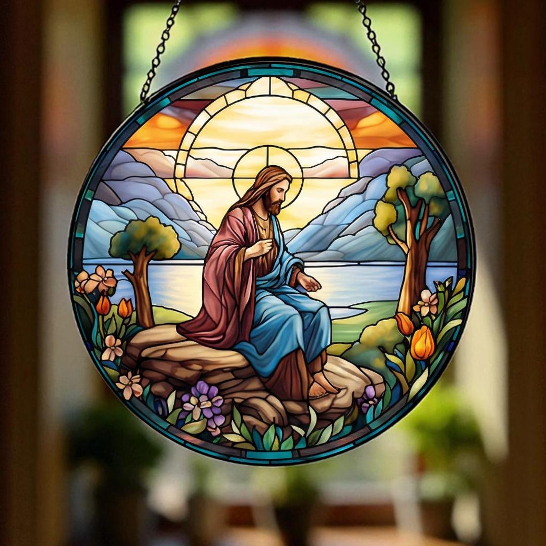 Glass Sun Scripture Jesus Stained Glass Suncatcher, Christian Faith Window Hanging Gift ...