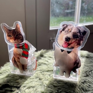 May include: Two clear plastic figurines with images of a cat and a dog. The cat is wearing a red and green scarf. The dog is wearing a black bow tie. The figurines are sitting on a green fuzzy surface.