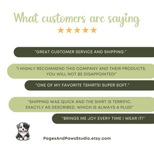 Puede incluir: Imagen con texto "What customers are saying" y cinco estrellas doradas. Las rese&ntilde;as de los clientes se muestran en bocadillos, incluyendo "GREAT CUSTOMER SERVICE AND SHIPPING." y "BRINGS ME JOY EVERY TIME I WEAR IT!" Una peque&ntilde;a ilustraci&oacute;n de perro est&aacute; en la parte inferior.