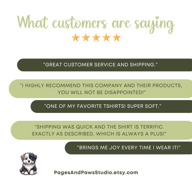 Puede incluir: Imagen con texto "What customers are saying" y cinco estrellas doradas. Las rese&ntilde;as de los clientes se muestran en bocadillos, incluyendo "GREAT CUSTOMER SERVICE AND SHIPPING." y "BRINGS ME JOY EVERY TIME I WEAR IT!" Una peque&ntilde;a ilustraci&oacute;n de perro est&aacute; en la parte inferior.
