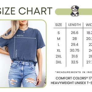 May include: Size chart for a unisex t-shirt, showing measurements in inches for sizes S through 3XL. The chart shows length and width measurements for each size.