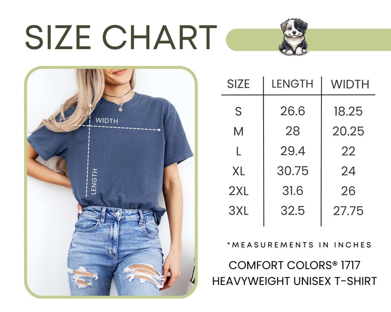 May include: Size chart for a unisex t-shirt, showing measurements in inches for sizes S through 3XL. The chart shows length and width measurements for each size.