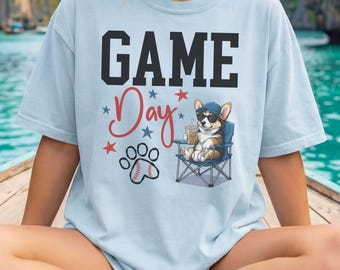Corgi Baseball Shirt, Game Day Dog Tee, Corgi Mom Gift, Baseball Lover Shirt, Cute Dog Tee, Comfort Colors Shirt, Iced Coffee Dog