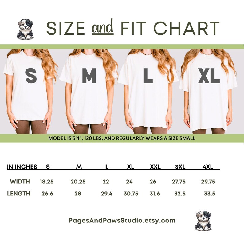 Puede incluir: Tabla de tallas y ajuste para camisetas, con medidas en pulgadas. La tabla incluye tallas S, M, L y XL, con dimensiones de ancho y largo. El texto "PagesAndPawsStudio.etsy.com" est&aacute; en la parte inferior.