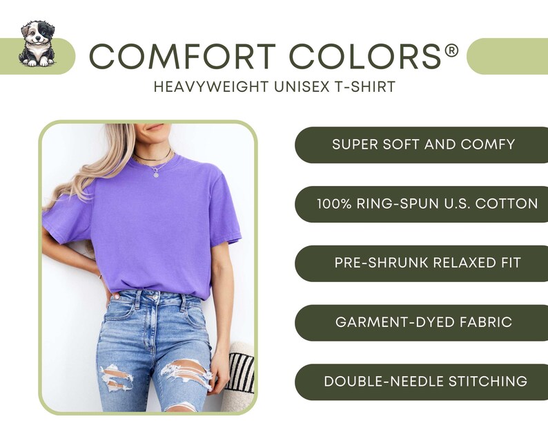 May include: A purple, heavyweight unisex t-shirt made from 100% ring-spun U.S. cotton. The t-shirt is pre-shrunk and has a relaxed fit. It is garment-dyed and features double-needle stitching. The t-shirt is shown on a model wearing it with blue jeans.