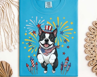 Boston Terrier 4th of July Shirt, Patriotic Boston Terrier Tee, Fireworks Dog Shirt, Boston Mom Shirt, USA Dog Lover Gift