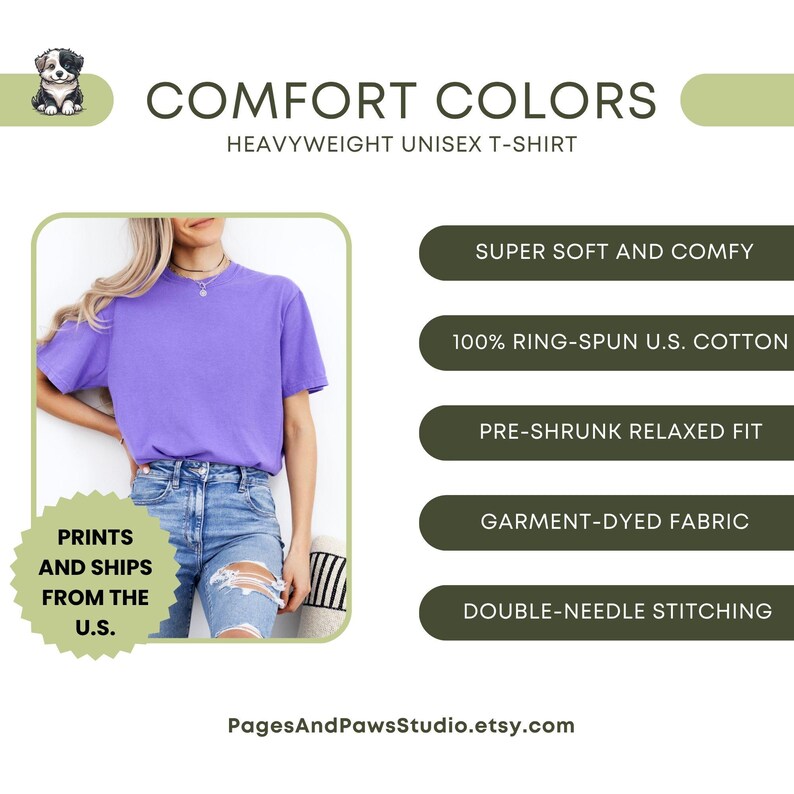 Puede incluir: Una persona viste una camiseta unisex Comfort Colors morada de peso pesado y vaqueros azules. La camiseta presenta el texto "COMFORT COLORS" y detalles como "SUPER SOFT AND COMFY" y "100% RING-SPUN U.S. COTTON". La camiseta est&aacute; te&ntilde;ida en prenda y tiene costuras dobles.