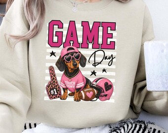 Dachshund Football Sweatshirt, Doxie Game Day Sweatshirt, Wiener Dog Football Crewneck, Pink Football Sweatshirt, Dog Mom Gift