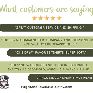May include: A graphic with customer testimonials in green and dark green text boxes. The text reads: "What customers are saying." A small black and white dog illustration is at the bottom. The Etsy shop name is also included.
