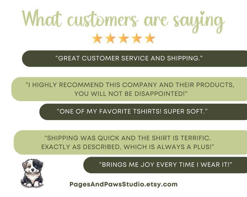 May include: A graphic with customer testimonials in green and dark green text boxes. The text reads: "What customers are saying." A small black and white dog illustration is at the bottom. The Etsy shop name is also included.