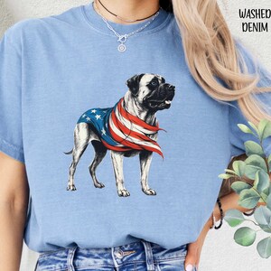 May include: A light blue t-shirt with a graphic of a dog wearing an American flag. The text "Washed Denim" is printed on the shirt.