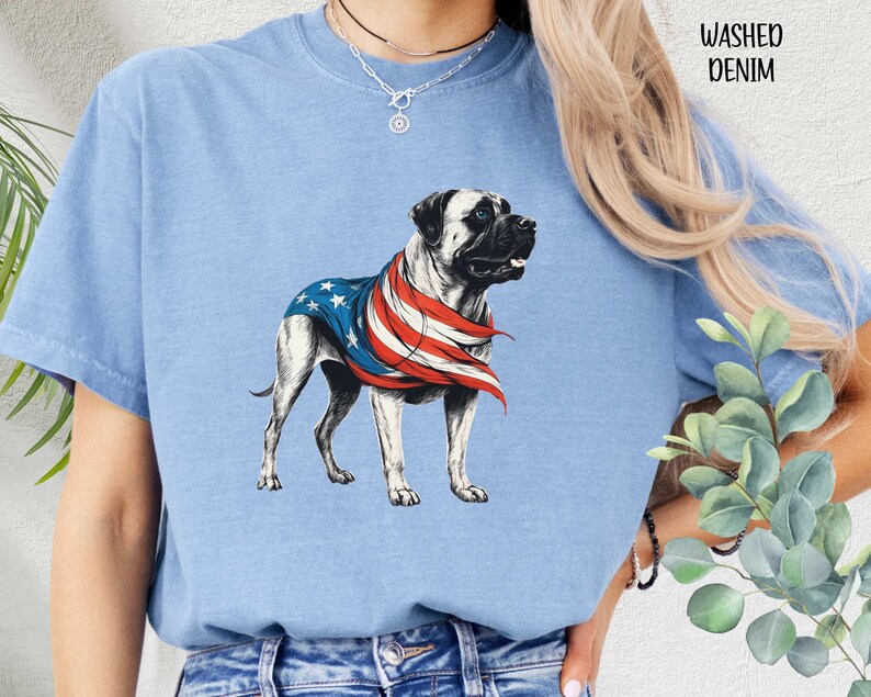 May include: A light blue t-shirt with a graphic of a dog wearing an American flag. The text "Washed Denim" is printed on the shirt.