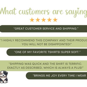 May include: Five-star customer reviews for a company, with quotes highlighting great customer service, high-quality products, and positive customer experiences. The quotes include phrases like "Great customer service and shipping", "I highly recommend this company and their products, you will not be disappointed!" and "One of my favorite t-shirts! Super soft."