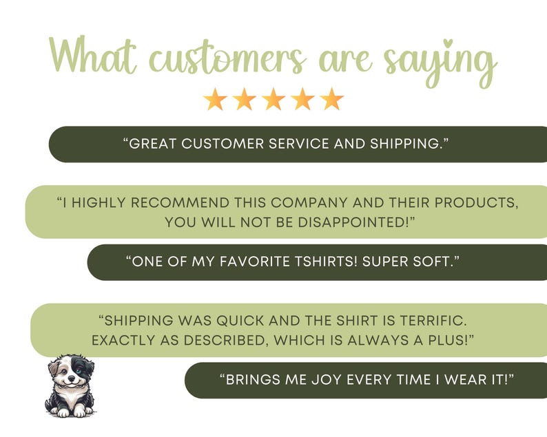 May include: Five-star customer reviews for a company, with quotes highlighting great customer service, high-quality products, and positive customer experiences. The quotes include phrases like "Great customer service and shipping", "I highly recommend this company and their products, you will not be disappointed!" and "One of my favorite t-shirts! Super soft."