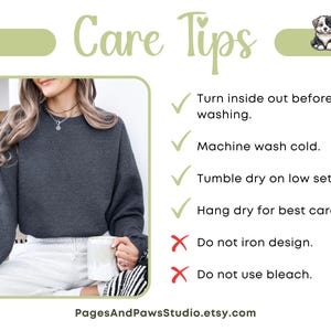 May include: A graphic with care instructions for clothing. The text reads "Care Tips" with bullet points: turn inside out, machine wash cold, tumble dry low, hang dry. It also says "Do not iron design" and "Do not use bleach."