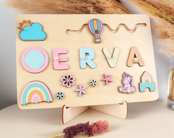 Personalized Rainbow Wood Name Puzzle for Toddler Montessori Puzzle, First Birthday Gift for Baby, Custom Wooden Toys Gift for Kids
