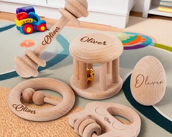 Ensemble de cloches en bois avec nom personnalisé, jouet sensoriel pour bébé avec nom personnalisé, cadeau de jouet éducatif Montessori pour bébés et enfants