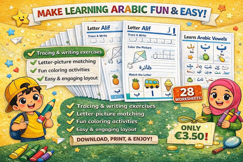 Arabic Alphabet Worksheets for Kids – Alif to Ya | Tracing, Matching ...