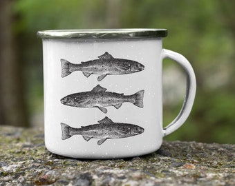 Taza de camping con esmalte de trucha, blanca, ligera, equipo de aventura al aire libre ecológico, regalo para pescadores