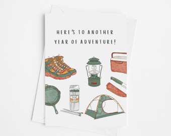 Joyeux anniversaire aventure carte de voeux vierge à l'intérieur, carte d'anniversaire aquarelle pour une autre année d'aventure, carte d'anniversaire de camping